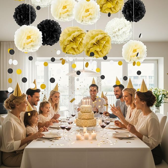20Pcs Black and Gold Party Decorations 2026 Graduation Decorations 16 Pack Black and Gold Pom Poms Paper Flowers 4 Pack Garlands String for Birthday Wedding Anniversary 2026 Graduation Party Supplies