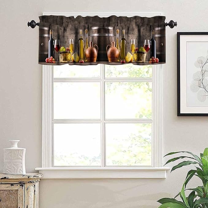 Vintage Wine Kitchen Valance, Farm Country Wine Barrel Grape Rustic Cellar Decor Short Window Treatment for Dining Resturant Party Decoration, 54x18Inch