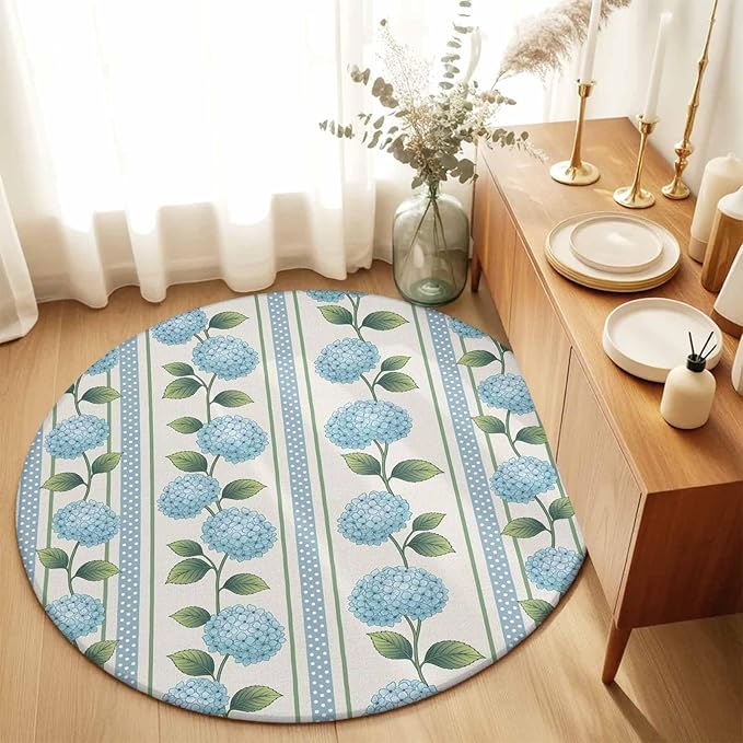 Washable Round Area Rug Spring Blue Flower Hydrangea Leaf Circle Rugs Floor Carpet for Living Room Bedroom, Floral Stripes on Linen Soft Non Slip Round Rug 5ft