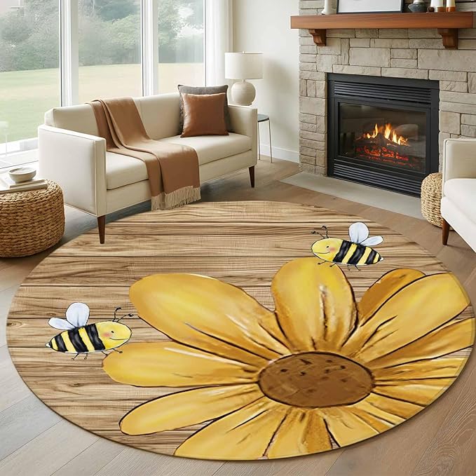 Washable Round Area Rug Summer Yellow Bee Blossom Flower Circle Rugs Floor Carpet for Living Room Bedroom, Retro Rustic Brown Wood Board Soft Non Slip Round Rug 5ft