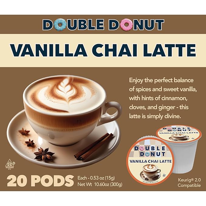 Double Donut Vanilla Chai Tea Latte Pods – Smooth & Creamy Chai Latte with Vanilla Flavor – Compatible with Keurig Chai Latte K cup Brewers, 20 Count