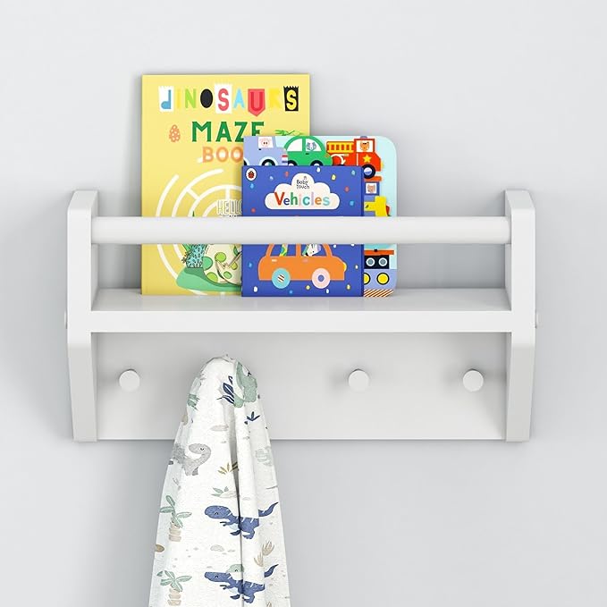 Max & Lily Wall Shelf with Pegs, 16 Inch Floating Bookshelf for Kids Room, Solid Wood Wall-Mounted Storage Shelf with Hooks for Backpacks, Jackets & Décor, White