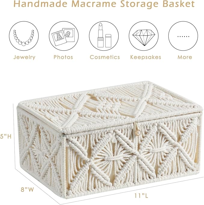 Decorative Boho Storage Baskets with Lid Bohemian Macrame Jewelry Box Handmade Natural Cotton Rope Woven Bins Memory Keepsake Photo Makeup Organizer Shelf Container (Off White, Large)