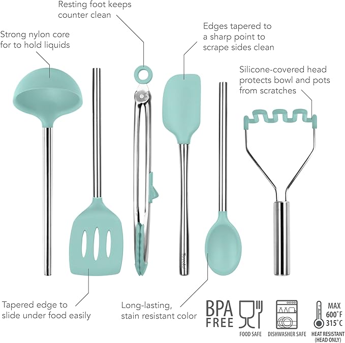 Tovolo Silicone Cooking Utensil Set of 6 Stainless Steel Handle Ladle Slotted Turner Tongs Flex Core Spatula Scraper Mixing Spoon & Masher, Dishwasher Safe BPA Free Utensils, Aqua Seafoam Green