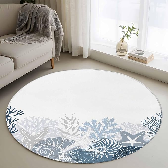 Washable Round Area Rug Underwater Blue Shells Starfish Coral Circle Rugs Floor Carpet for Living Room Bedroom, Summer Botantical Soft Non Slip Round Rug 3ft
