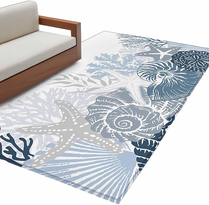 Area Rug 3x5ft, Underwater Blue Shells Starfish Coral Washable Rugs for Living Room Bedroom, Summer Botantical Soft Non-Slip Area Rugs Rectangle Floor Carpet for Dining Room