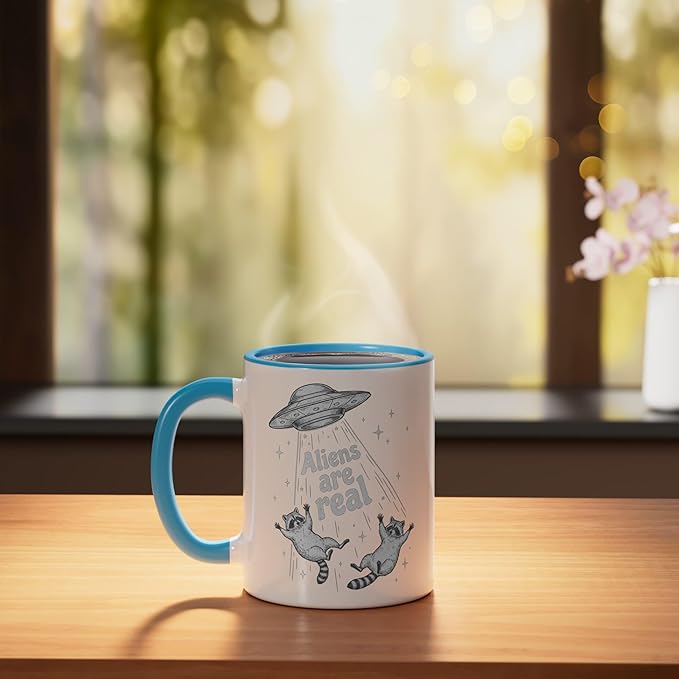 Aliens Are Real UFO Raccoon Abduction Ironic Meme Ceramic Mug, Blue/White