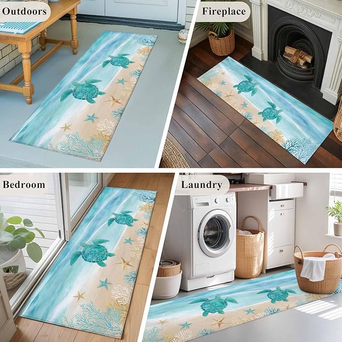Runner Rug for Bedroom Hallway, Sea Turtle Starfish Coral Kitchen Runner Rugs Area Rug 2x6ft, Summer Seaside Ocean Life Washable Soft Floor Carpet for Entryway Stair