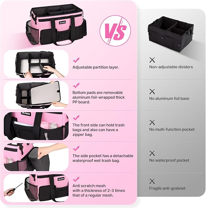 JKAOO Large Wearable Cleaning Caddy Bags,Cleaning Supplies Storage Bag with Handles and Adjustable Shoulder Strap and Removable Waist Straps,Waterproof Cleaning Bags for Home,Car,Office (Pink)