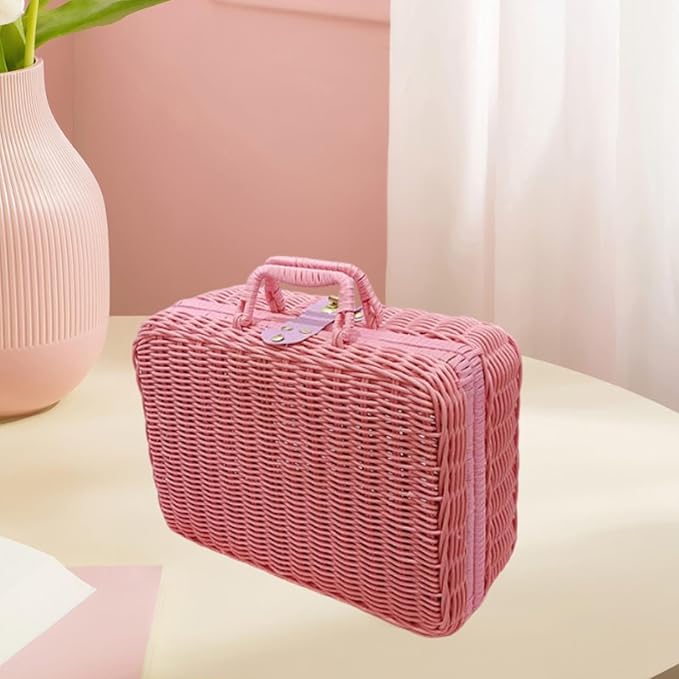 Woven Suitcase Imitation Rattan Storage Basket Gift Box Rustic Picnic Suitcase Handwoven Storage Case for Travelling Bathroom, Pink L