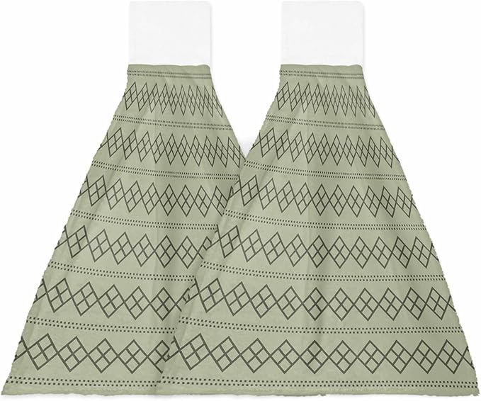 Alandar Home Kitchen Tie Towel Set of 2, Modern Sage Green Black Check Absorbent Soft Hand Towels for Bathroom Hanging Towels, Dotted Line Geometric Art Fast Drying Cleaning Cloth with Loop