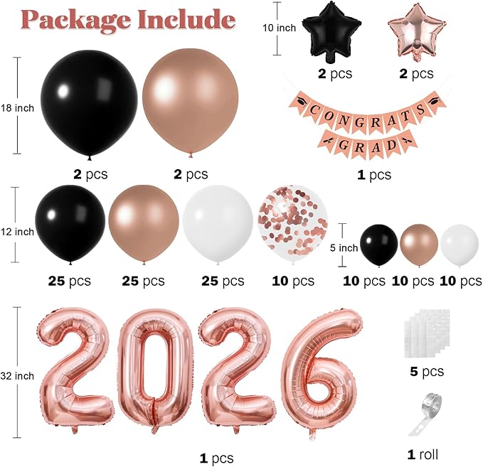 Graduation Decorations Class of 2026: Rose Gold and Black Graduation Balloon Arch Garland Kit and Rose Gold Confetti Balloons Congrats Grad Banner 2026 Foil Balloon Decorations For Grad Party