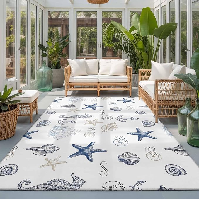 Area Rug 3x5ft, Ocean Starfish Seahorse Shell Conch Washable Rugs for Living Room Bedroom, Nautical Compass Anchor Soft Non-Slip Area Rugs Rectangle Floor Carpet for Dining Room