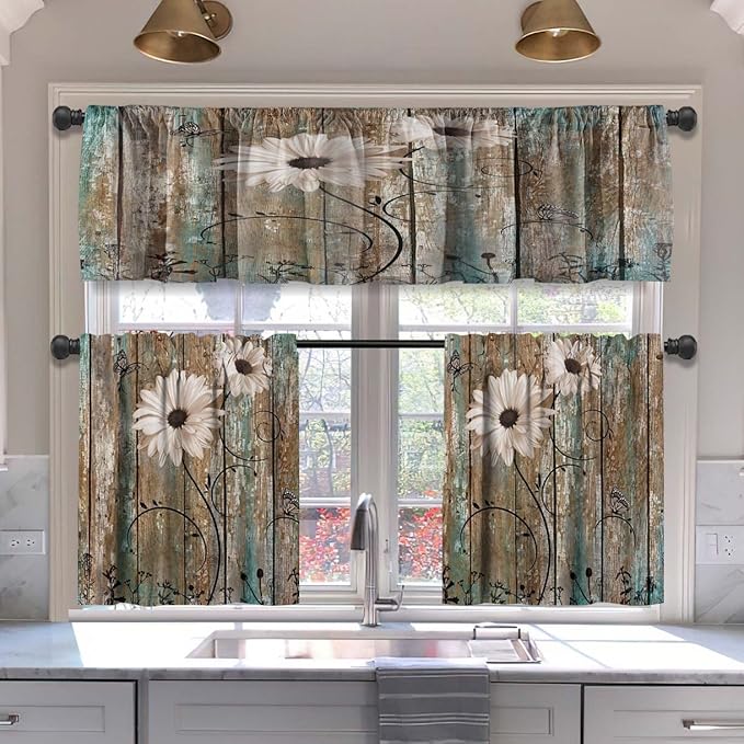 MCALK Floral Blackout Kitchen Curtains Tiers and Valances - 3 Piece Set for Windows, Butterfly Pattern, Farmhouse Wooden Texture Valances for Living Room (36" Tiers Set)