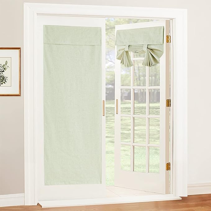 RYB HOME 100% Blackout Tricia Door Curtains, Linen Textured Blend Thermal Insulating Privacy French Door Window Tie Up Shades Sidelight Curtains for Kitchen, W 26 x L 72 inches, Light Sage, 1 Panel