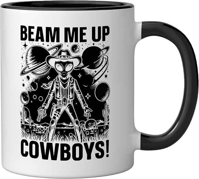 Alien Lover Flying Saucer UFO Extraterrestrial Cowboy Ceramic Mug, Black/White