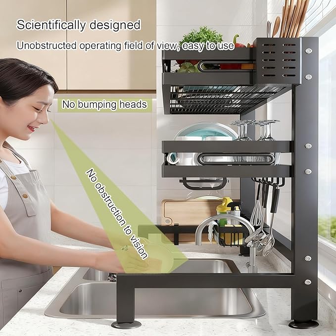 Vertical Over Sink Dish Drying Rack - Carbon Steel Organizer, Space-Saving Kitchen Shelf, Practical Drainer for Above Sink, Black, 29.5in - Optimized Storage Solution