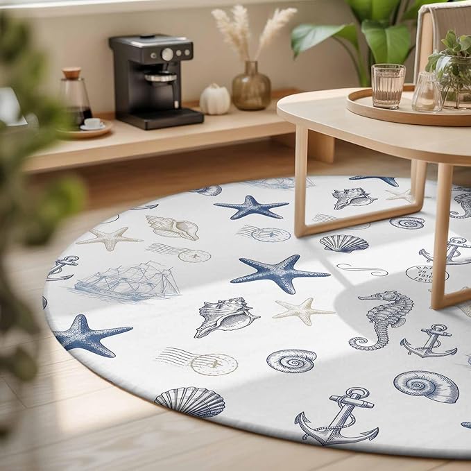 Washable Round Area Rug Ocean Starfish Seahorse Shell Conch Circle Rugs Floor Carpet for Living Room Bedroom, Nautical Compass Anchor Soft Non Slip Round Rug 3ft