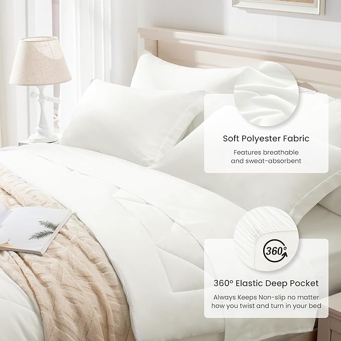 Love's cabin Twin XL Comforter Set Ivory, 5 Pieces Twin XL Bed in a Bag, All Season Bedding Sets with 1 Comforter, 1 Flat Sheet, 1 Fitted Sheet, 1 Pillowcase and 1 Pillow Sham | Soft, Breathable, Lightweight, Comfortable