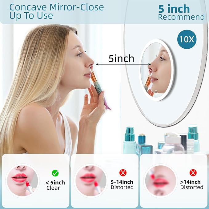 10X Magnifying Mirror with Lights, 10x Magnified Mirror with 3 Suction Cups, 3 Color Dimmable Lighted Makeup Magnification 6inch Travel 10X Magnification with Tweezers & Scissors