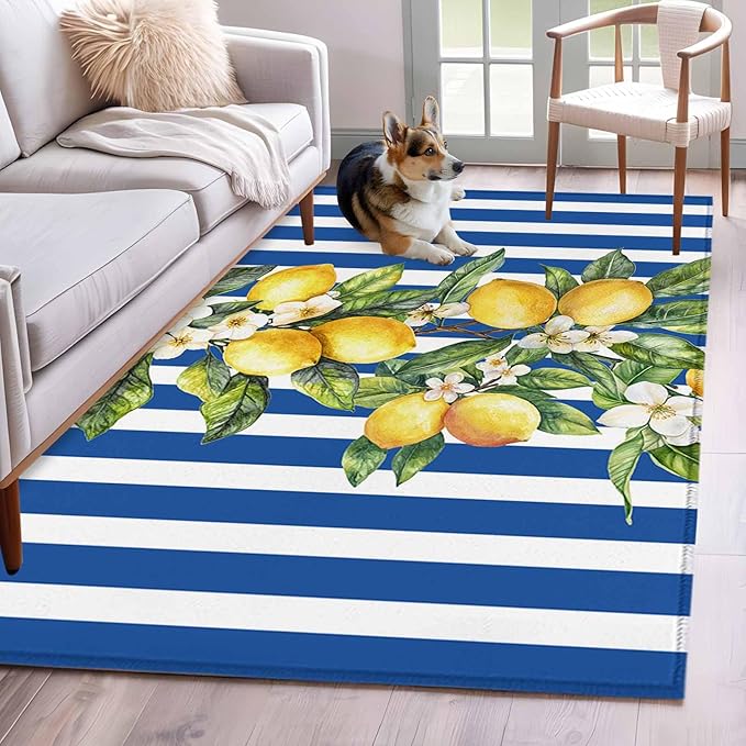 Area Rug 4x6ft, Summer Lemon Green Leaves Watercolor Washable Rugs for Living Room Bedroom, Blue Stripe Soft Non-Slip Area Rugs Rectangle Floor Carpet for Dining Room