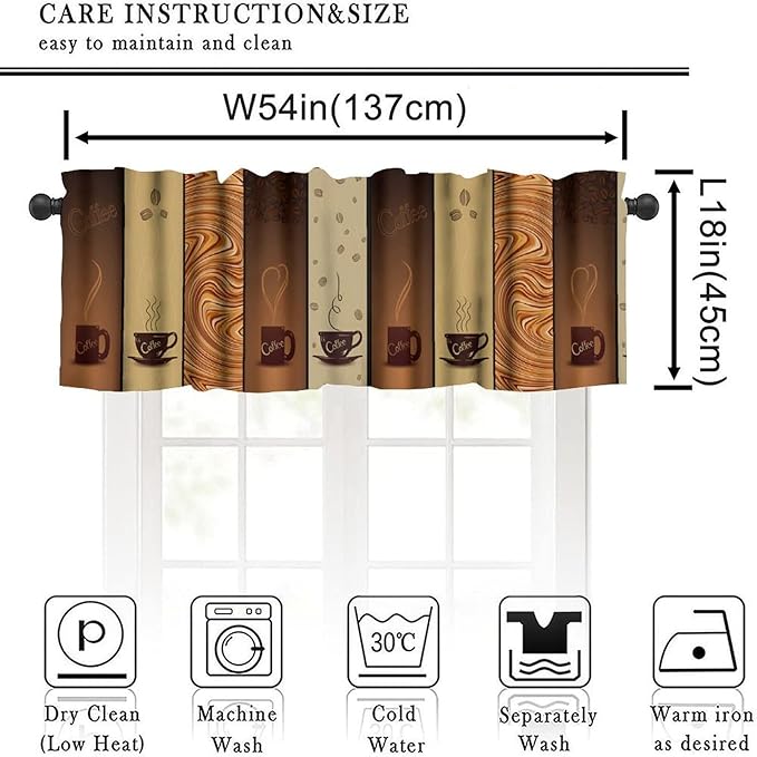 Coffee Valance Curtain, Vintage Brown Coffee Bean Swirl Cups Short Window Treatment for Cafe Kitchen Dining Room Resturant Bedroom Living Room, 54x18Inch