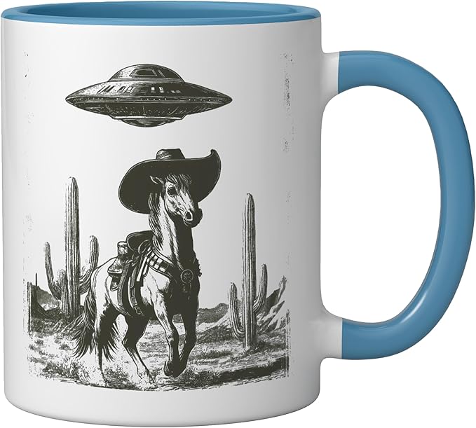 Funny Alien UFO Cowboy Horse Desert Cactus Western Graphic Ceramic Mug, Blue/White