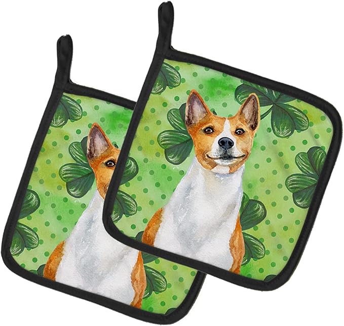 Caroline's Treasures BB9866PTHD Basenji St Patrick's Pair of Pot Holders, Green Kitchen Heat Resistant Pot Holders Sets Oven Hot Pads for Cooking Baking BBQ, 7 1/2 x 7 1/2