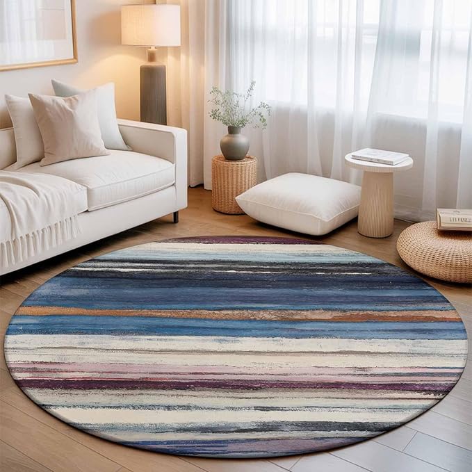 Washable Round Area Rug Modern Gradient Striped Art Circle Rugs Floor Carpet for Living Room Bedroom, Retro Abstract Rustic Texture Soft Non Slip Round Rug 5ft