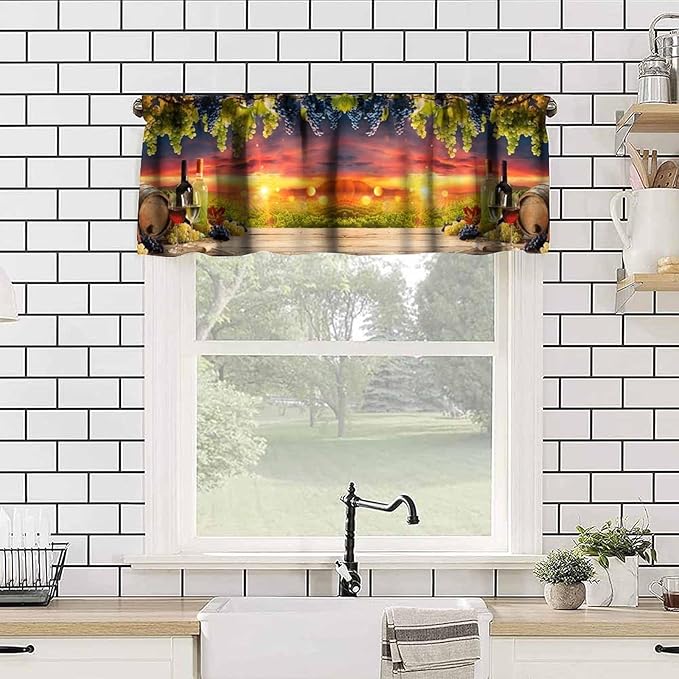 Vineyard Wine Kitchen Valance, Farm Country Sunset Grapes Barrels Window Drapes for Dining Outdoor Party Garden Home Decor, 54x18Inch