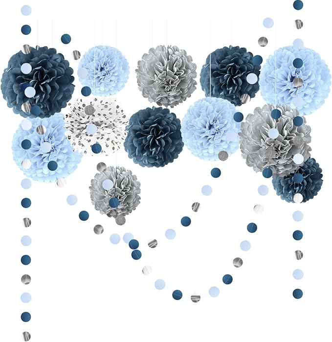 NICROLANDEE Dusty Blue Wedding Decorations, 15 PCS Tissue Pom Poms Paper Garland Decoration for Something Blue Bridal Shower Bachelorette Party Baby Shower Decorations