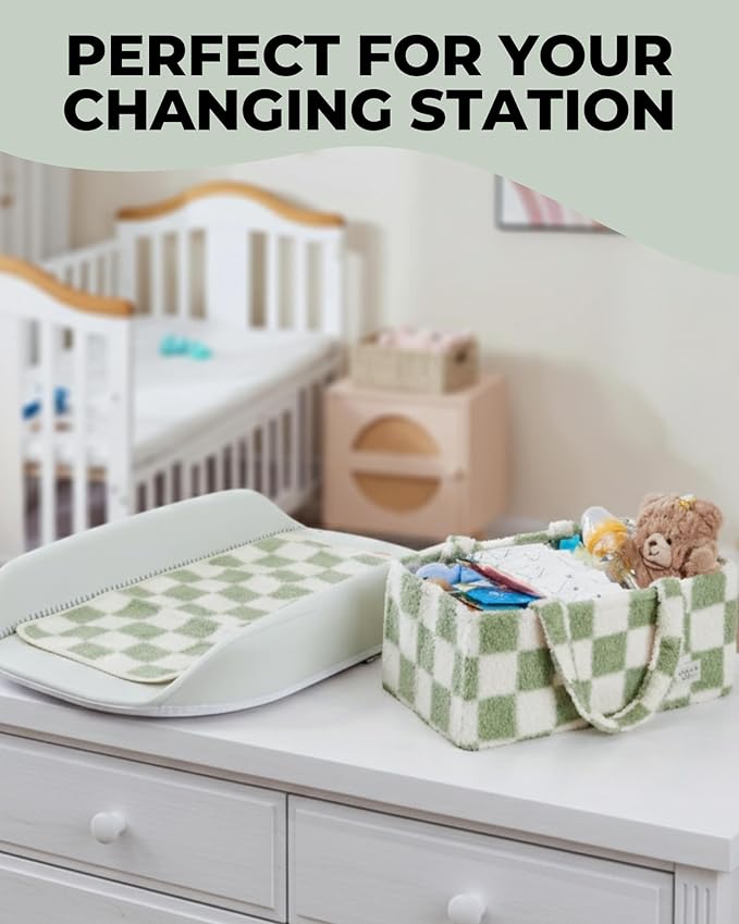 Checkered Diaper Caddy Organizer with Portable Changing Mat - Teddy Fleece Diaper Organizer for Changing Table - Caddy Organizer with Removable Dividers - Green and White