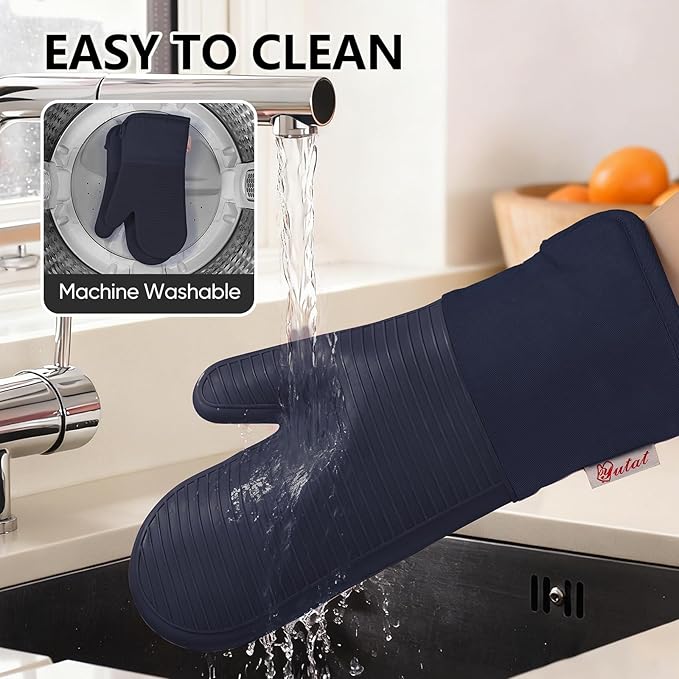 YUTAT Silicone Oven Mitts,High Heat Resistant Up to 500 Degrees,Waterproof Cooking Gloves with Soft Polyester Filling,Kitchen Potholder Set - Perfect for BBQ,Baking and Cooking,DKBlue,2 Pcs Set
