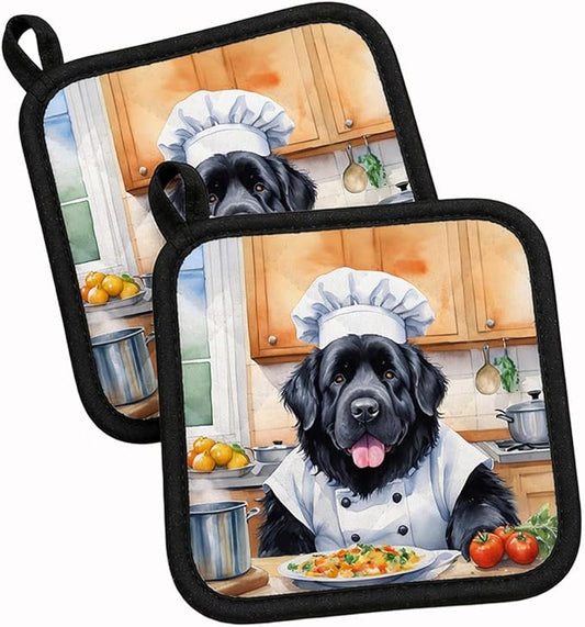 Caroline's Treasures Newfoundland The Chef Pair of Pot Holders Kitchen Heat Resistant Pot Holders Sets Oven Hot Pads for Cooking Baking BBQ, 7 1/2 x 7 1/2