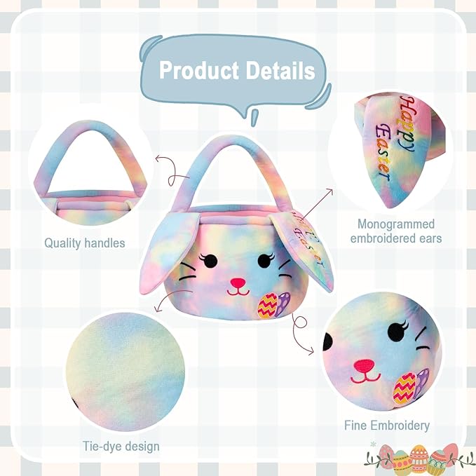 Easter Baskets for Kids,Plush Egg Hunting Easter Buckets with Handle Folded Ears, Gifts Boys Girls
