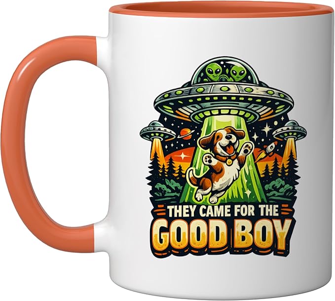 Retro sci-fi dog ufo humor they came for the good boy Ceramic Mug, Orange/White