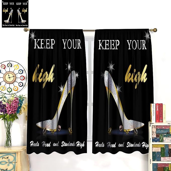 High Heels Curtain,Luxury Silver Glitter Black Stars Girl Women Cloth Farbic Window Treatment Curtains Bedroom Cafe Dining Room Office Living Room Kitchen Drapes, 52x96 in