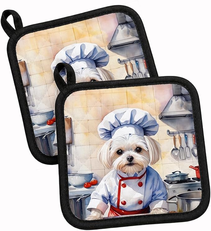 Caroline's Treasures Maltese The Chef Pair of Pot Holders Kitchen Heat Resistant Pot Holders Sets Oven Hot Pads for Cooking Baking BBQ, 7 1/2 x 7 1/2