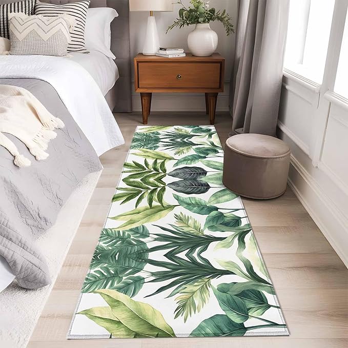 Runner Rug for Bedroom Hallway, Summer Green Tropical Palm Leaves Kitchen Runner Rugs Area Rug 2x6ft, Watercolor Plant Washable Soft Floor Carpet for Entryway Stair