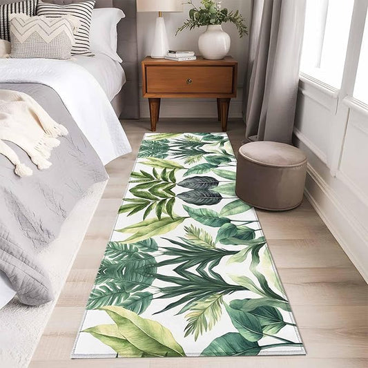 Runner Rug for Bedroom Hallway, Summer Green Tropical Palm Leaves Kitchen Runner Rugs Area Rug 2x6ft, Watercolor Plant Washable Soft Floor Carpet for Entryway Stair
