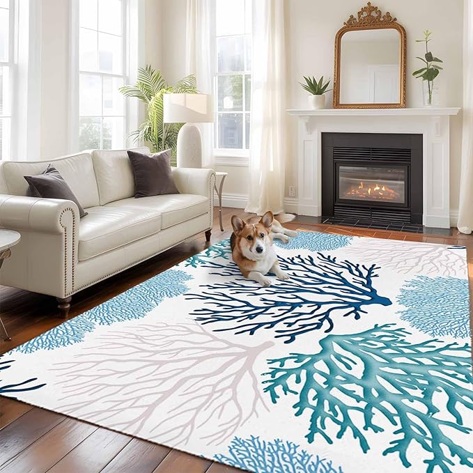 Area Rug 6x9ft, Classic Sea Blue Coral Washable Rugs for Living Room Bedroom, Abstract Marine Life Scenery Soft Non-Slip Area Rugs Rectangle Floor Carpet for Dining Room