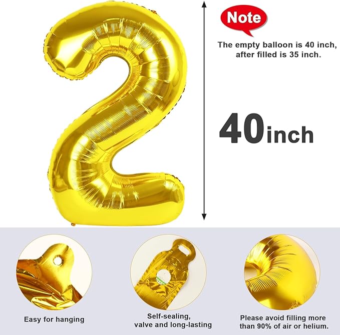 2 Balloon Numbers Gold Party Decorations for Women Men, 40 In Big Two Balloons for Engagement, Wedding, Celebration Party, Graduations, Photo Shoot