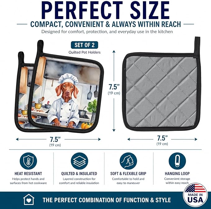 Caroline's Treasures Vizsla The Chef Pair of Pot Holders Kitchen Heat Resistant Pot Holders Sets Oven Hot Pads for Cooking Baking BBQ, 7 1/2 x 7 1/2