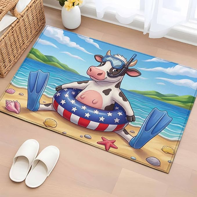 Area Rug 2x3ft, Summer Beach Snorkeling Cow Washable Rugs for Living Room Bedroom, Ocean Starfish Funny Animal Art Soft Non-Slip Area Rugs Rectangle Floor Carpet for Dining Room