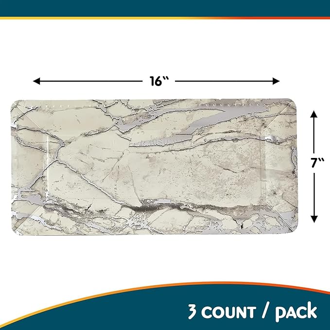 Elegant Marble Silver Loaf Rectangular Disposable Paper Platter - 16" x 7" (Pack of 3) - Perfect for Serving Bread, Cakes, & Desserts at Special Events