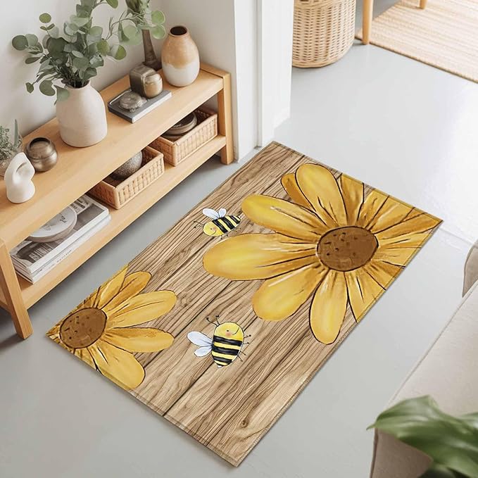 Area Rug 2x3ft, Summer Yellow Bee Blossom Flower Washable Rugs for Living Room Bedroom, Retro Rustic Brown Wood Board Soft Non-Slip Area Rugs Rectangle Floor Carpet for Dining Room