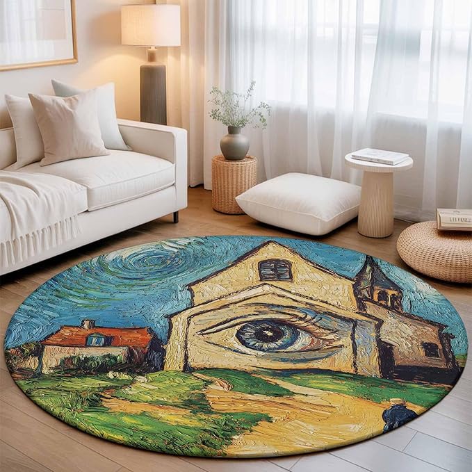 Washable Round Area Rug Abstract Farmhouse Starry Night Eye Circle Rugs Floor Carpet for Living Room Bedroom, Rustic Oil Painting Art Soft Non Slip Round Rug 5ft