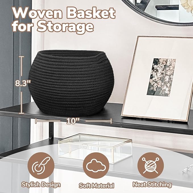 Goodpick Small Rope Storage Basket, Black Round Baskets for Socks, Dog Toys, Towels, Cute Baby Basket for Living Room, Bedroom, Nursery, Towel Baskets for Bathroom, 10 x 8.3 inches