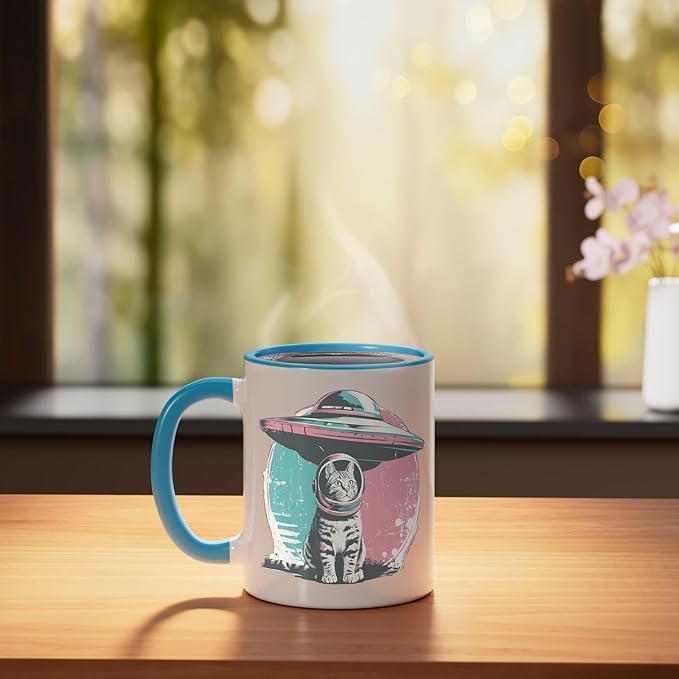 Retro UFO Cat Astronaut Alien Sci Fi Space Funny Pastel Ceramic Mug, Blue/White