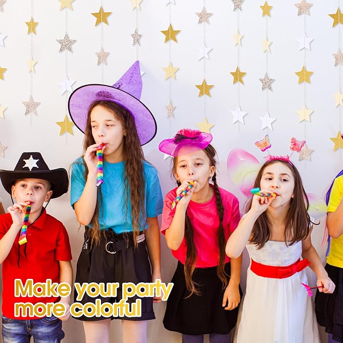 Patelai 130 Feet Glitter Star Garland Banner 2026 Party Decoration Double Side Star Hanging String Streamer Paper Twinkle for Graduation Wedding Birthday (Glitter Gold and Champagne Gold,White)